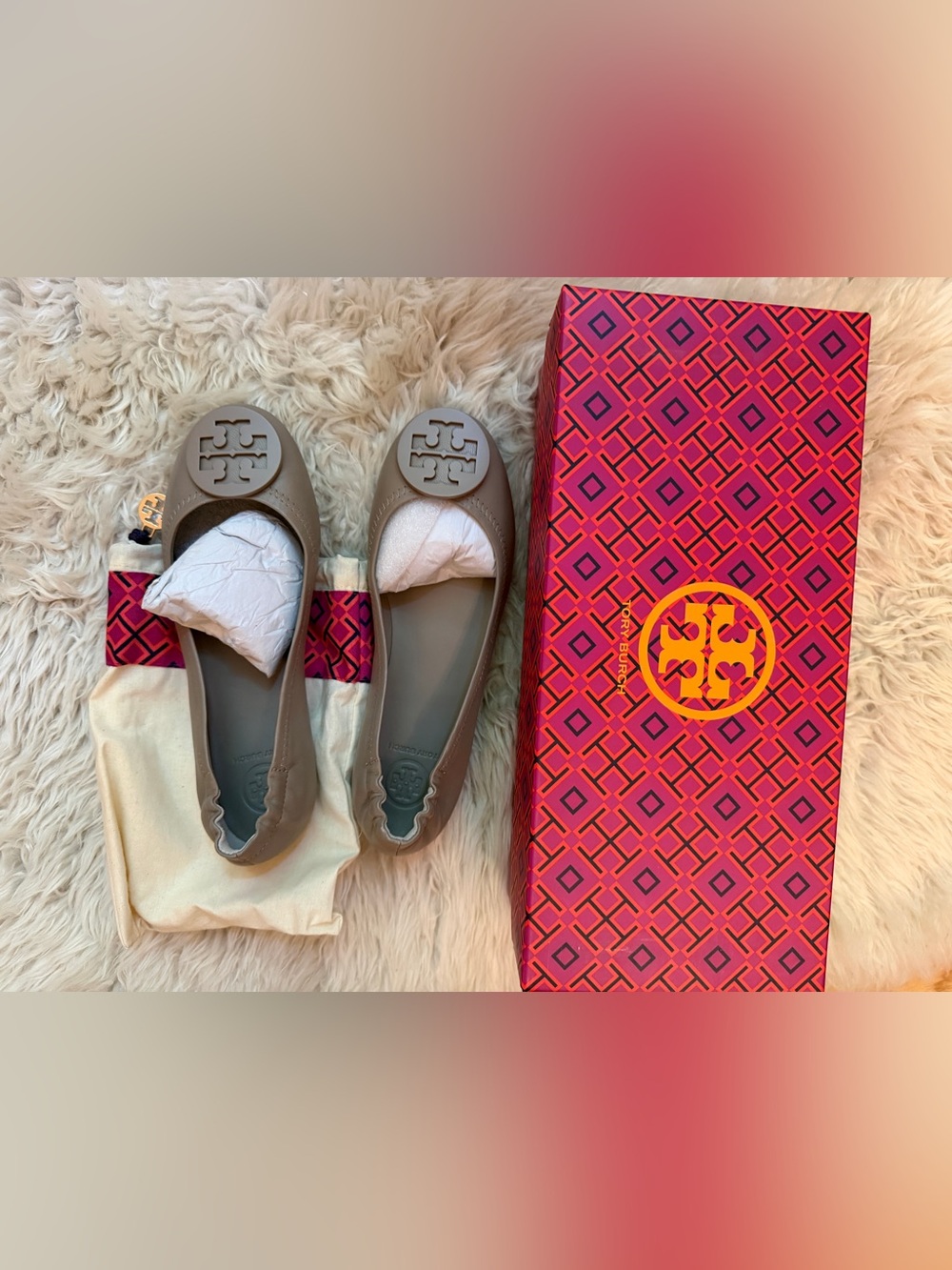Tory Burch Taupe Reva Logo Ballet Flats